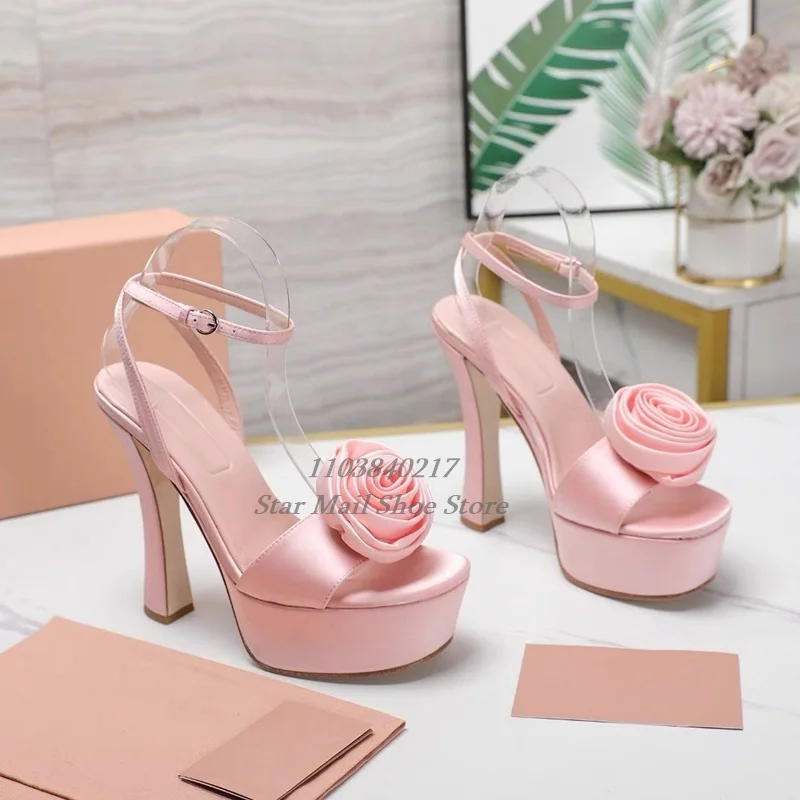 

New Fashion Women Sandals Silk Flower Decorated High Heels Peep Toe High Platform Chunky Heel Sandals Summer Sexy Wedding Shoes