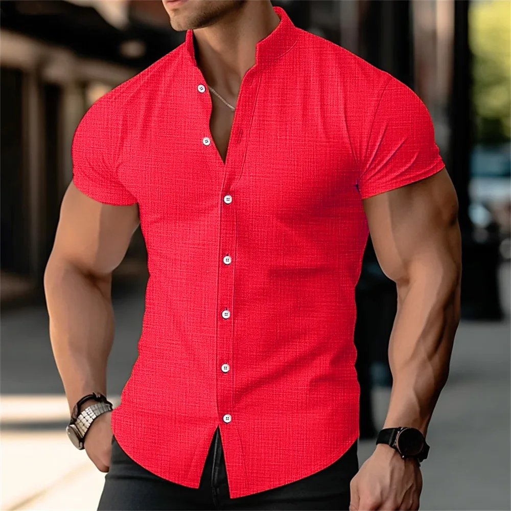 Camisa estampada con cuello levantado para hombre, camisa de lino con botones de manga corta de color sólido, camisa transpirable para vacaciones en la playa hawaianas