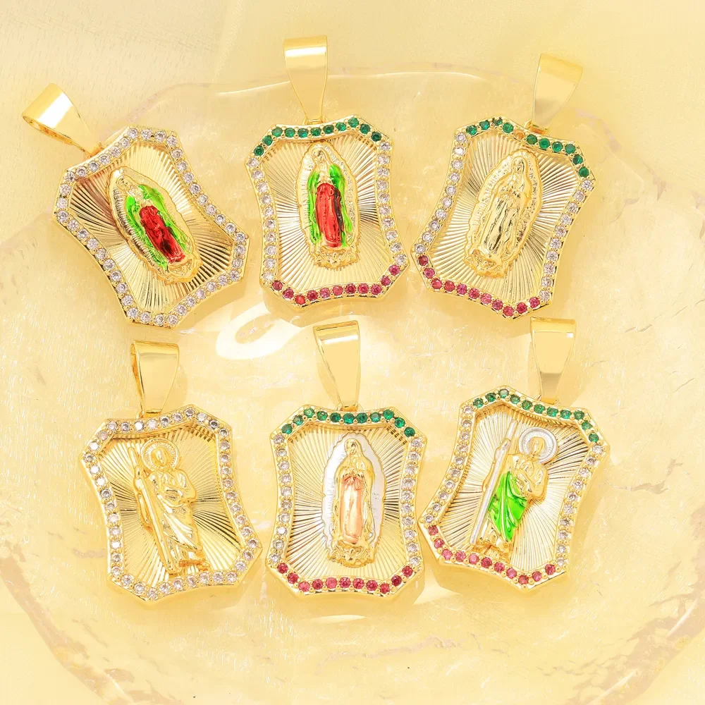 Catholicism Guadalupe Virgin Mary St Jude Cubic Zirconia Religious Gold Plated Pendant for Women Jewelry Charms