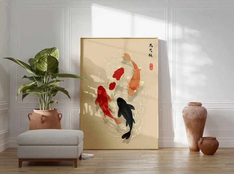 1 Stück japanisches Koi-Fisch-Poster, minimalistische asiatische Wandkunst, ungerahmtes Japandi Zen-Wasser-Leinwandgemälde für die Dekoration des Wohnzimmers – Detail 5