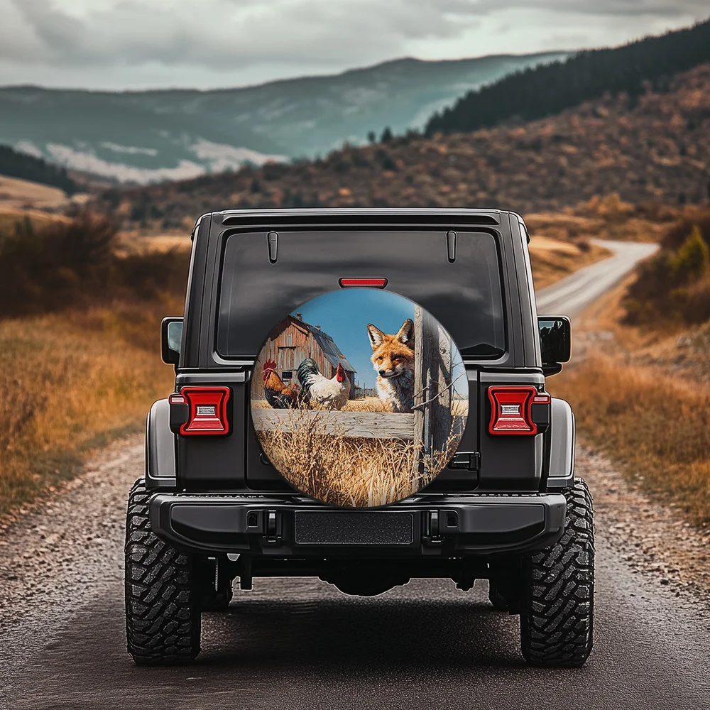 Fox Farm Tire Cover With Realistic Countryside Scene - Fit For Rural SUVs, Tractors & Utility Vehicles - Durable Fabric Wheel Pr