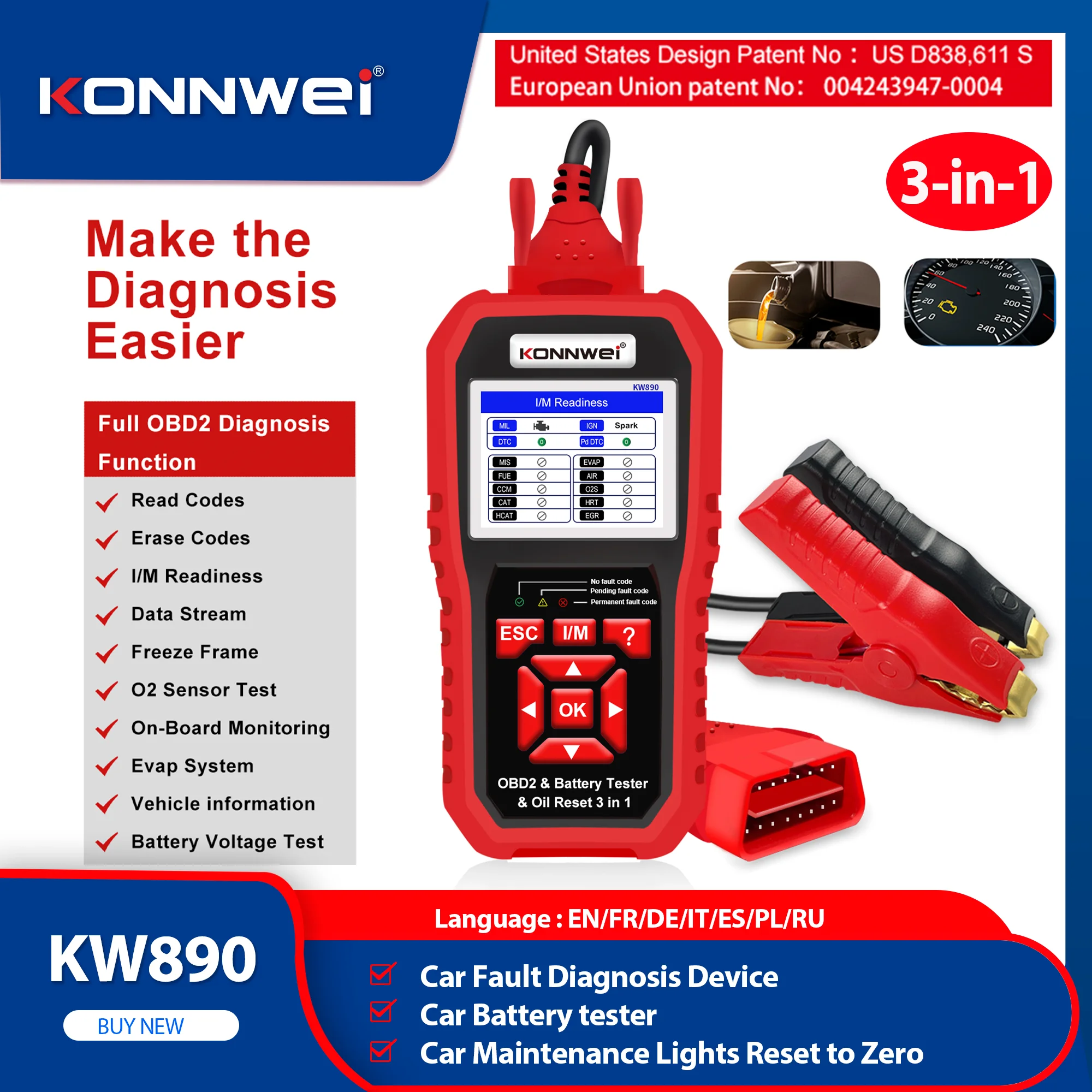

New KONNWEI KW890 12V Car OBD2 Battery Tester Analizer Auto Diagnostic Tool Battery Match 3 in 1 Car OBDII Scanner Code Reader