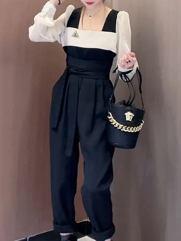 

Модный трендовый комбинезон с поясом, подчеркивающим талию, и цветными вставками, с эффектом стройности, длинные брюки для женщин старше 35 лет