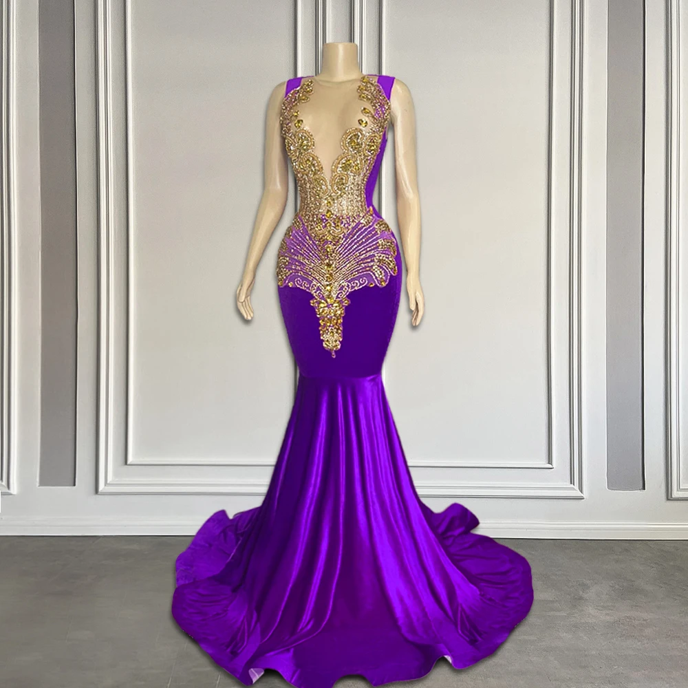 Robe de Bal Longue Élégante pour Fille Noire, Violet Foncé, Perles de Strass Dorées, Col Transparent, Style Sirène, de Luxe