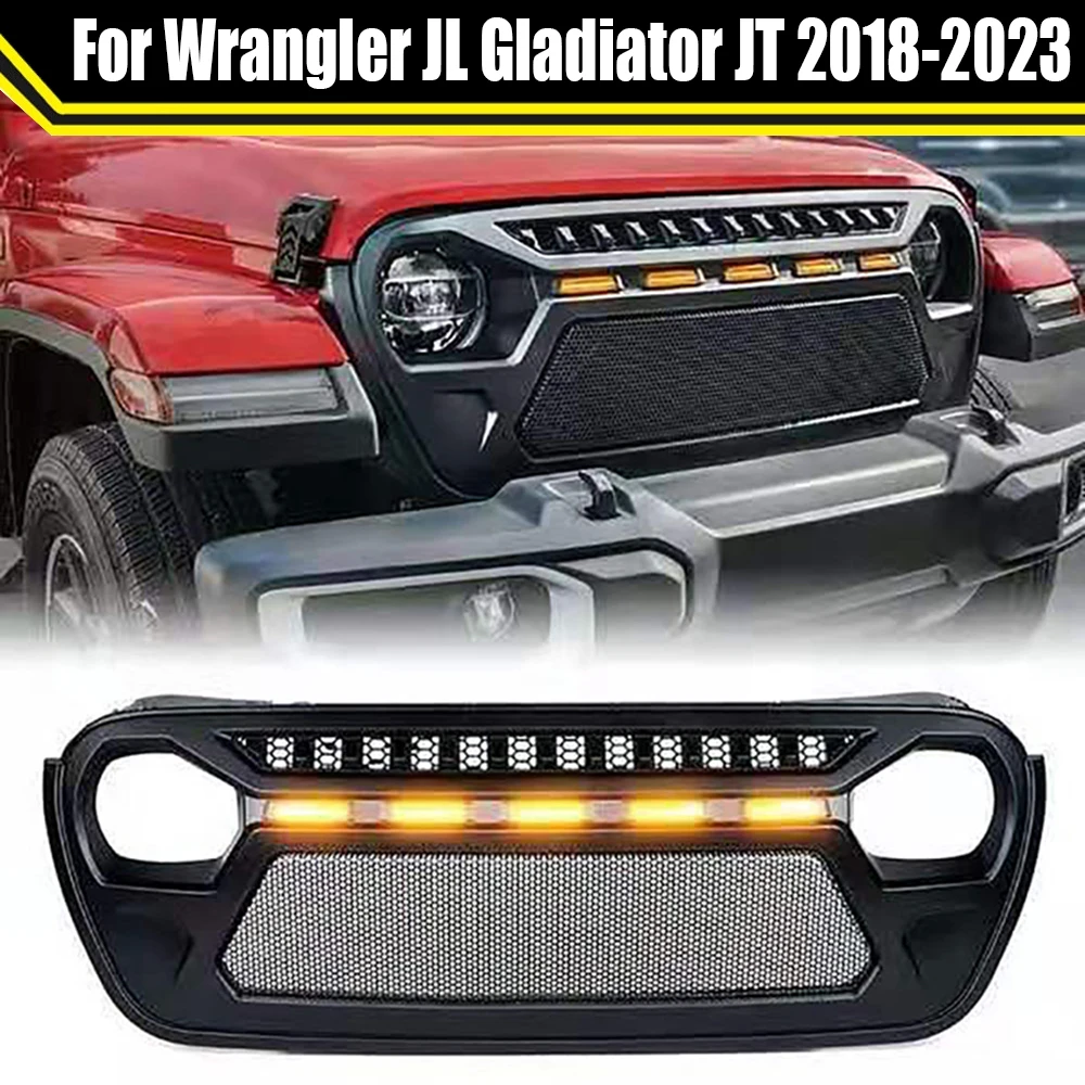 

Offroad Style Accessories Metal Mesh Grille With 5 Led Lights For Jeep Wrangler JL Gladiator JT 2018-2023 Front Bumper Grills