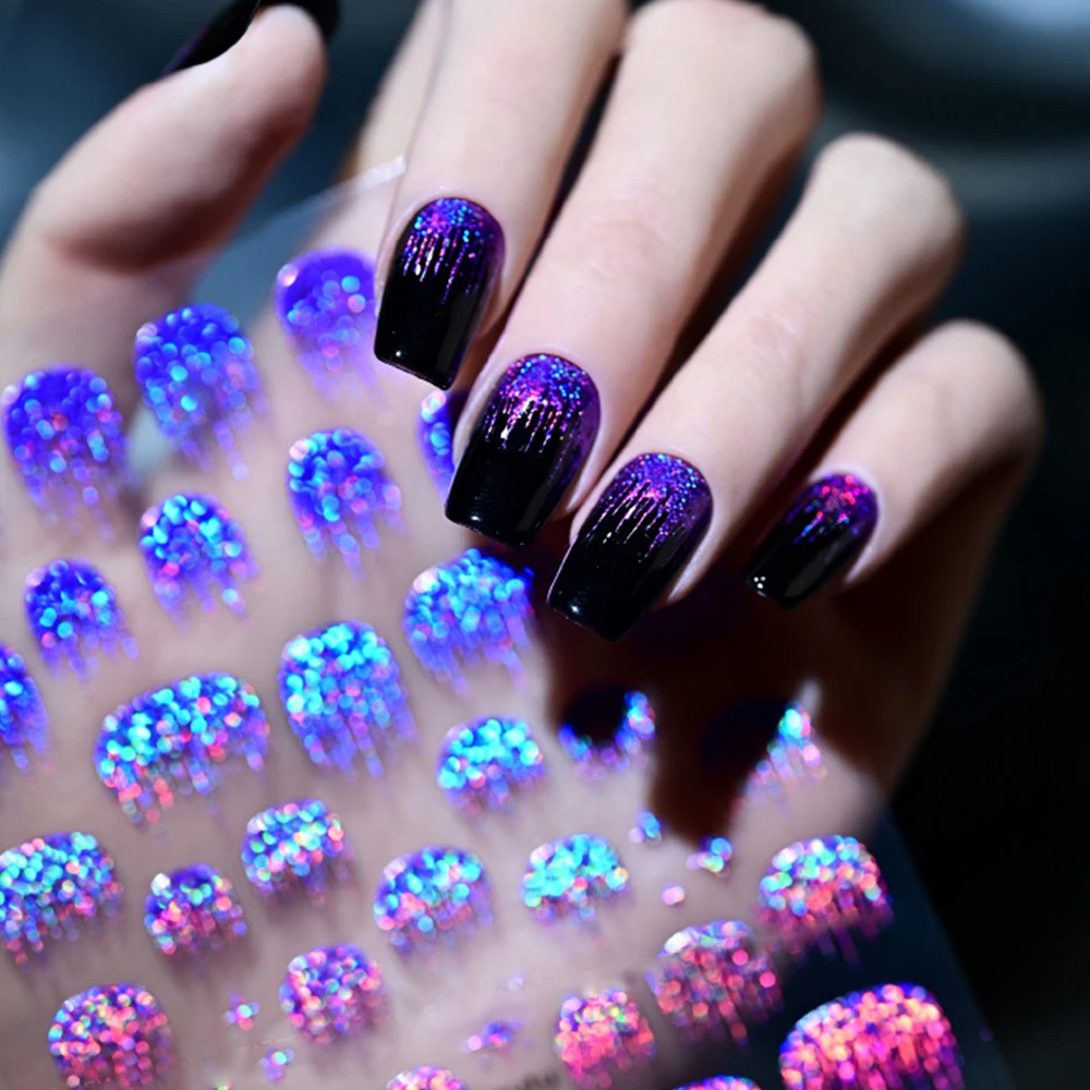 9D Brilliant Tassels Firework French Nail Art Stickers Holographic Laser Purple Silver Gold Nail Decals Sparkle Nail Decorations