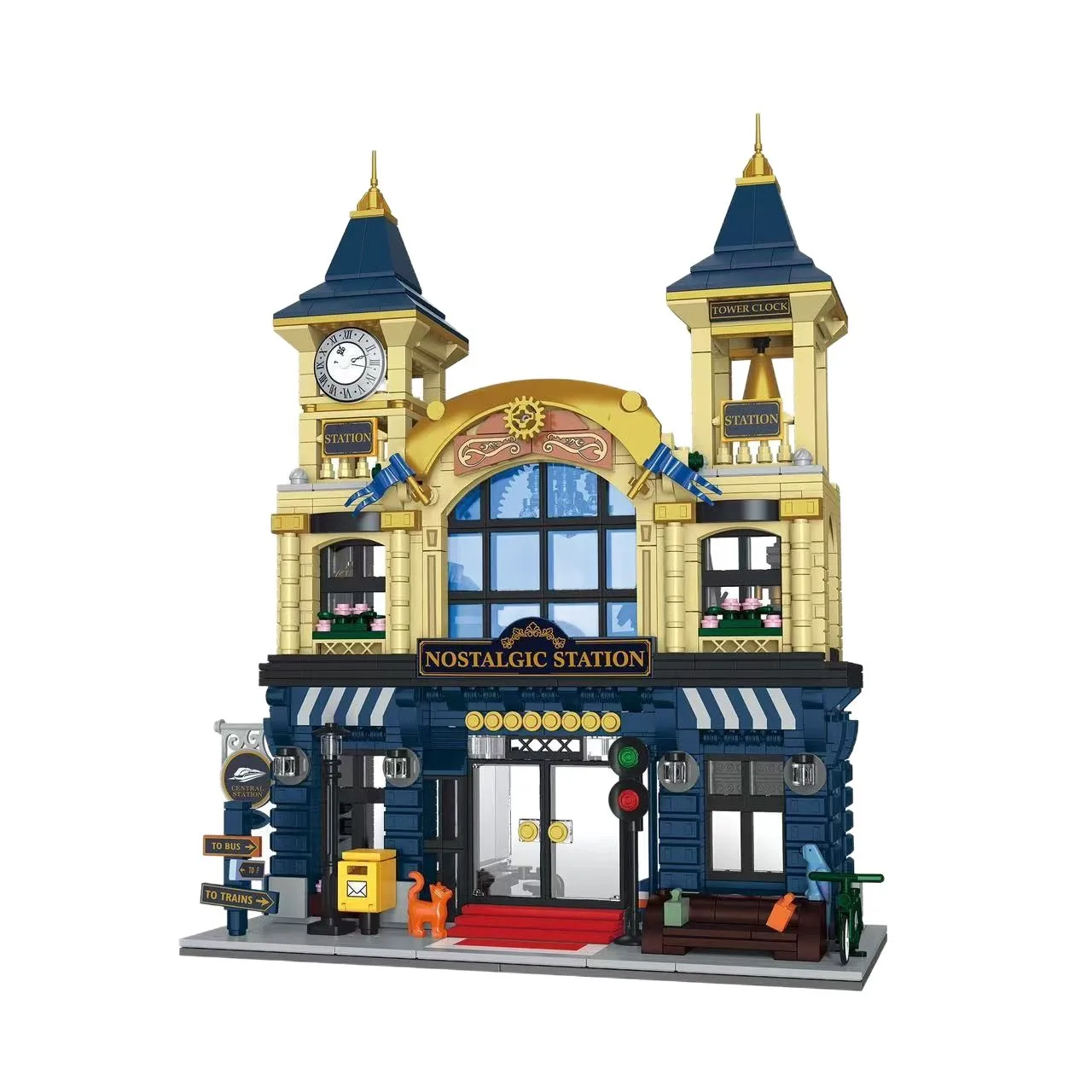 Retro Train Station Building Blocks Set with Light 6 Retro Train Station Building Blocks Set with Light