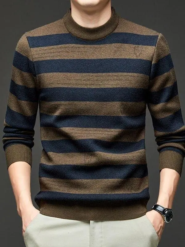 

Thiened f-High Collar Sweater for Men Winter Warm Casual Striped Knitted irt ly Suitable Long Sve Regular Length