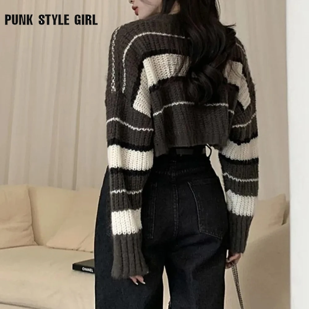 Kobiety Kpop Hippie Cropped Sweater Patchwork Harajuku Striped Streetwear Oversize Pullover Knitted Tops Korean Style Basic Jumper