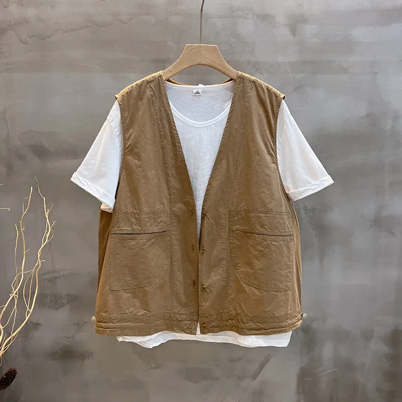 

Pure Cotton Vest Women's Summer Thin Loose Casual Versatile Vintage Fashion V-Neck Wasitcoat Korean Sleeveless Jacket Z2006