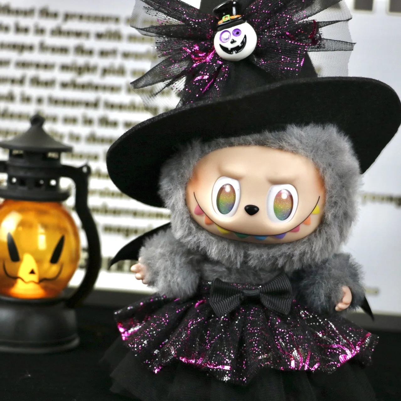 Ropa de muñecas de 17cm para Labubu, accesorios para fiesta sentada, Serie de truco o trato de Halloween, Vestido morado de Ángel diablo, Ropa