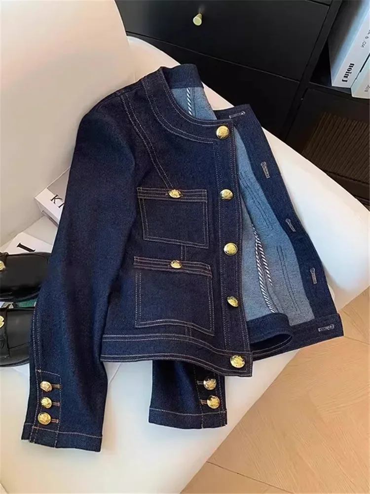 2024 Spring Autumn Vintage Style Casual Blue Elegant Denim Jacket Women\'s Fashion Luxury Style Single Breatsed Simple Jean Coat