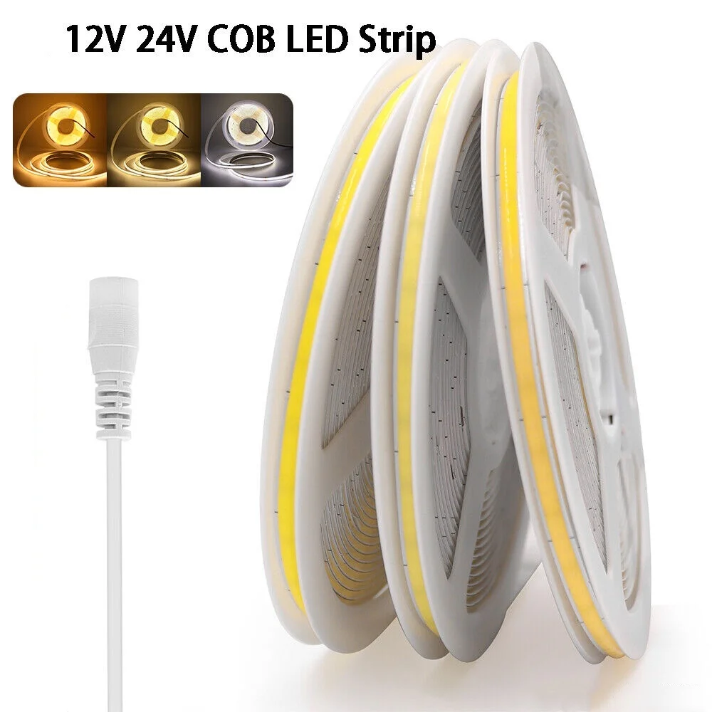 

12V 24V 4mm COB LED Strip Light Flexible with DC Connector 480LED/m 3000K 4000K 6500K Tape for Home Kitchen Car Decoration