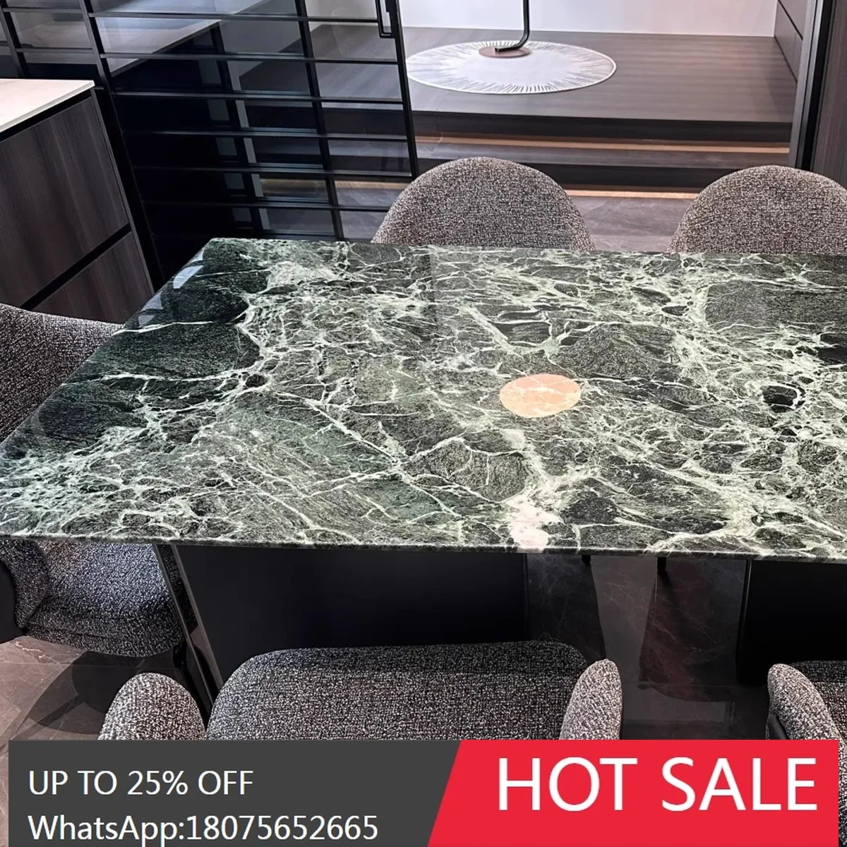 HLZ Italian Style Light Luxury Natural Marble Green Luxury Stone Dining Table High-End Villa Long Dining Table