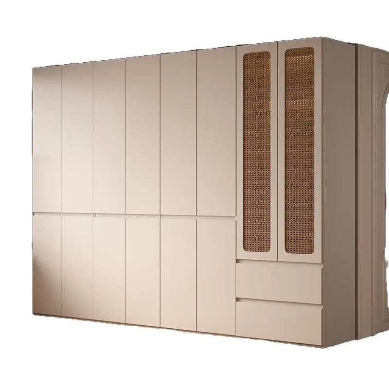 Solid wood rattan door wardrobe bedroom household small apartment khaki segmented hidden handle boutique cabinet wardrobe