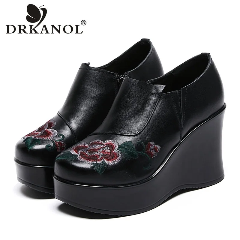 

DRKANOL Fashion 2024 Women Wedges High Heel Shoes Embroidered Flowers Genuine Cow Leather Round Toe Zipper Platform Casual Shoes