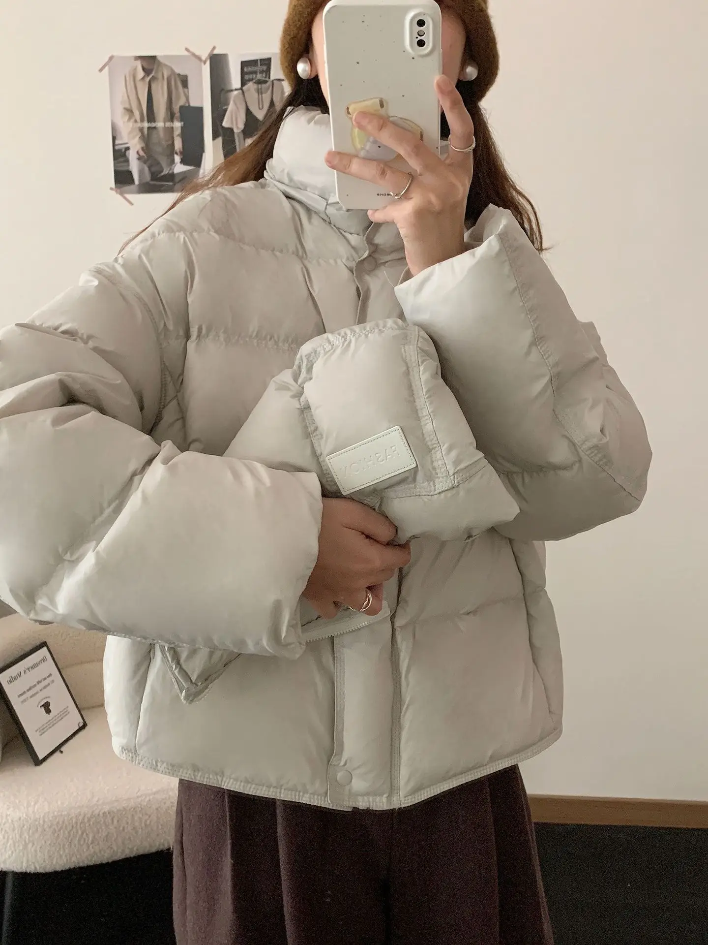 Korean Cropped Hooded Down Jacket for Women Winter Thickened White Duck Down Coats Woman Solid Color All Match Puffer Jackets