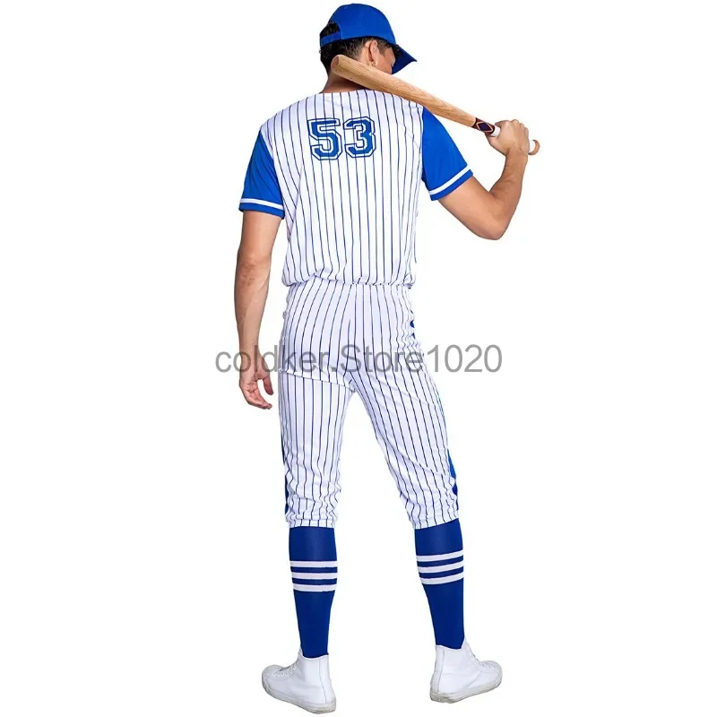 New Adult Striped Sports Baseball Costume Set for Men Women Halloween Blue Striped Cheerleader Cosplay Uniform Suit Cheerleading view 6