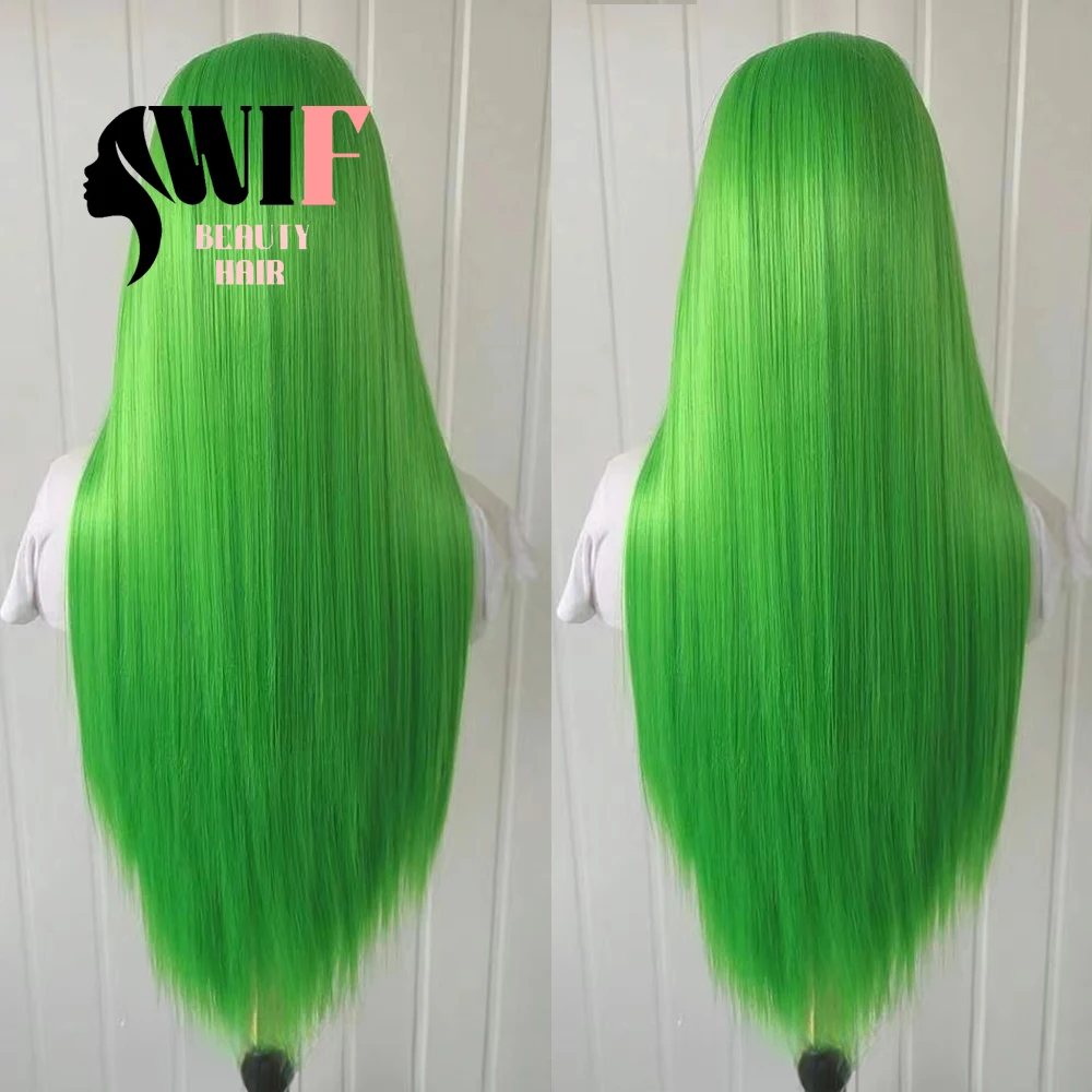 WIF Emerald Green Color Synthetic Wig Silk Long Straight Green Hair Cosplay Use Lace Front Wigs Heat Fiber Women Makeup Hair