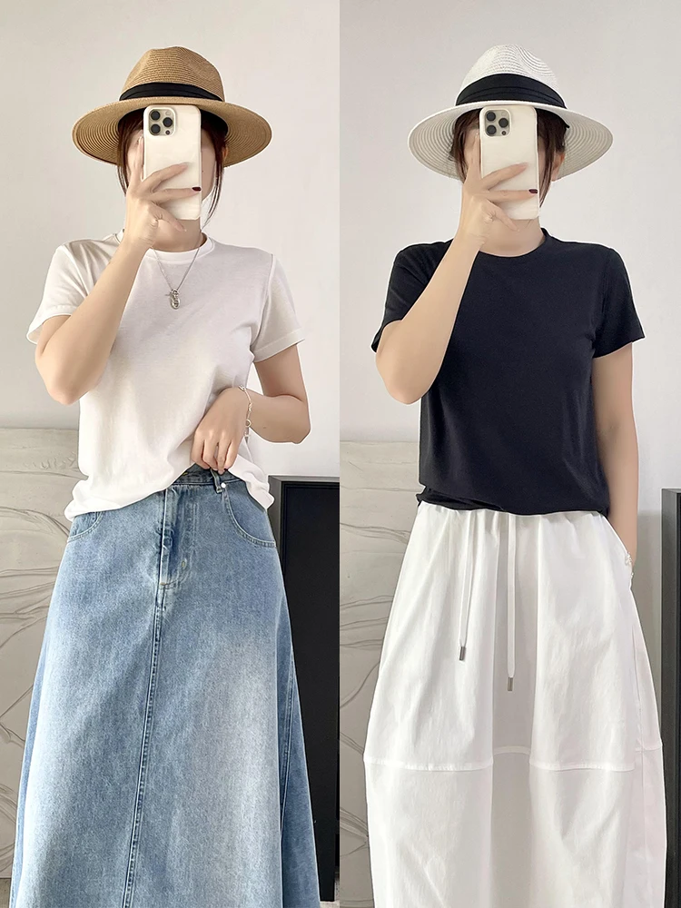 

Футболка из чистого длинноволокнистого хлопка с высококачественной пряжей, с минималистичной центральной линией на спине, базовый стиль, женская, с коротким рукавом, круглый вырез горловины