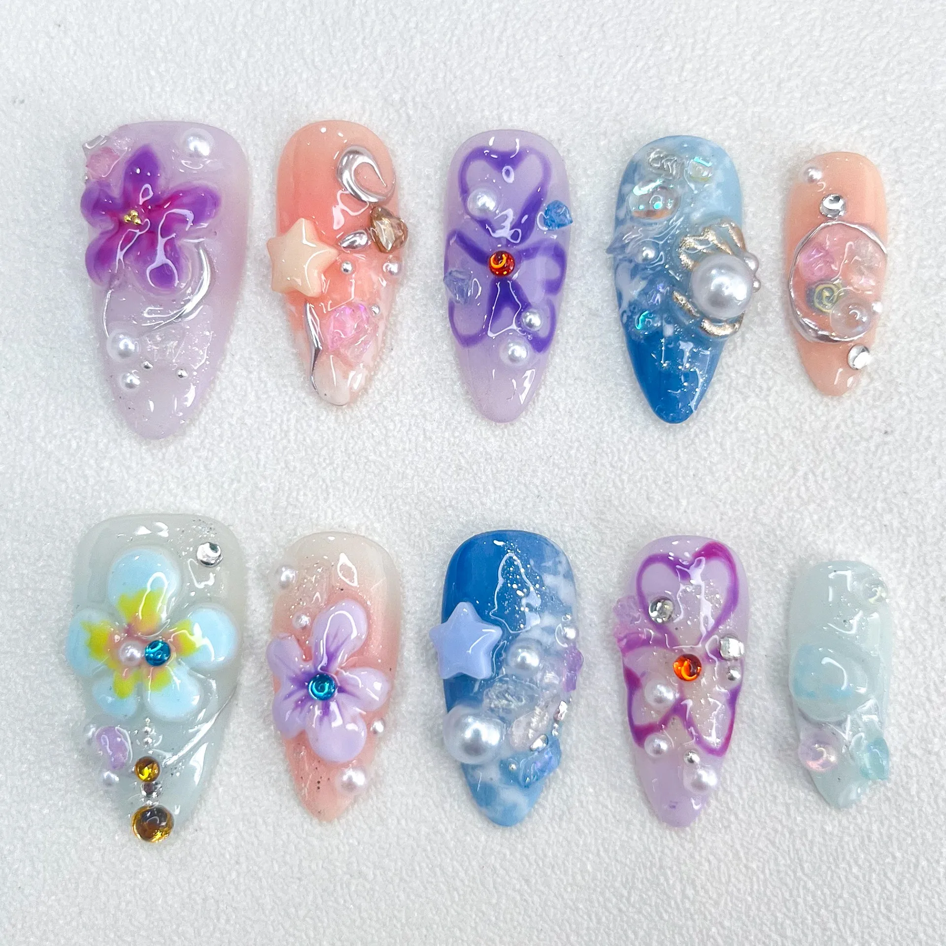 2025 New 3D Flower Relief Style Multicolored Press on Nails Almond Length Fake Nails Can Wholesale Nail Ornaments Women Wear