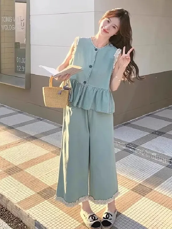 

plus Size Korean Style Denim Set Women Summer Lace Splicing Wide Leg Pants Two Piece Set Casual Loose Fit Short Sleeve round ...