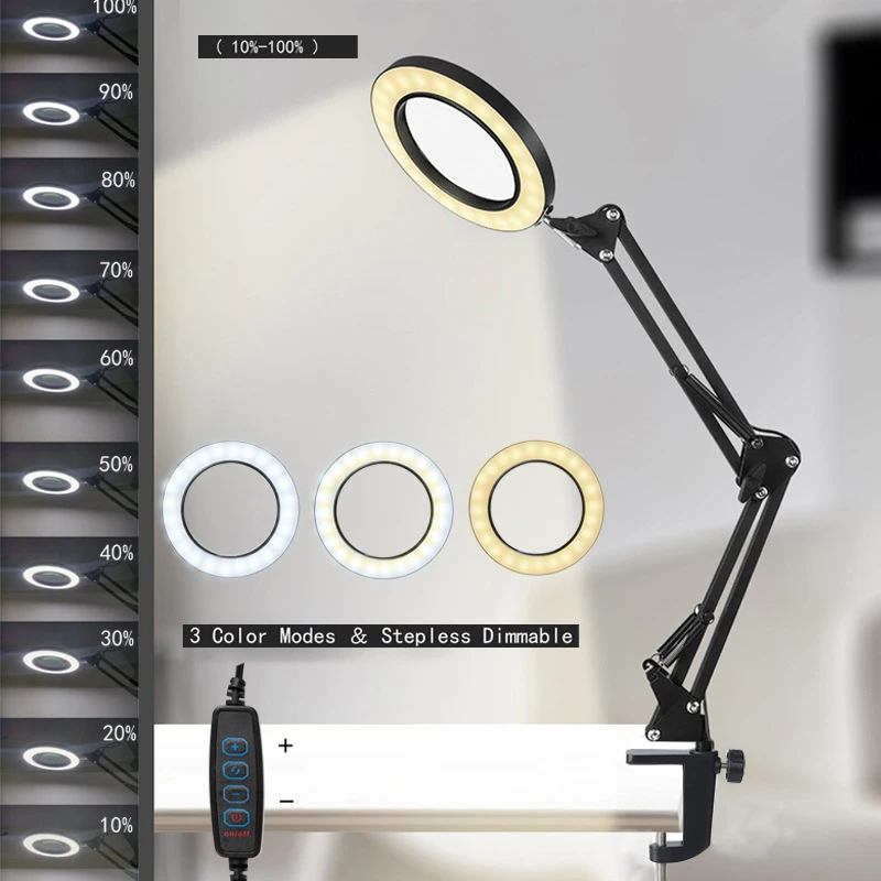 Flexible Clamp-on Table Lamp with 10x Magnifier Glass Swing Arm Dimmable Illuminated Magnifier LED Desk Light 3 Color Modes Lamp