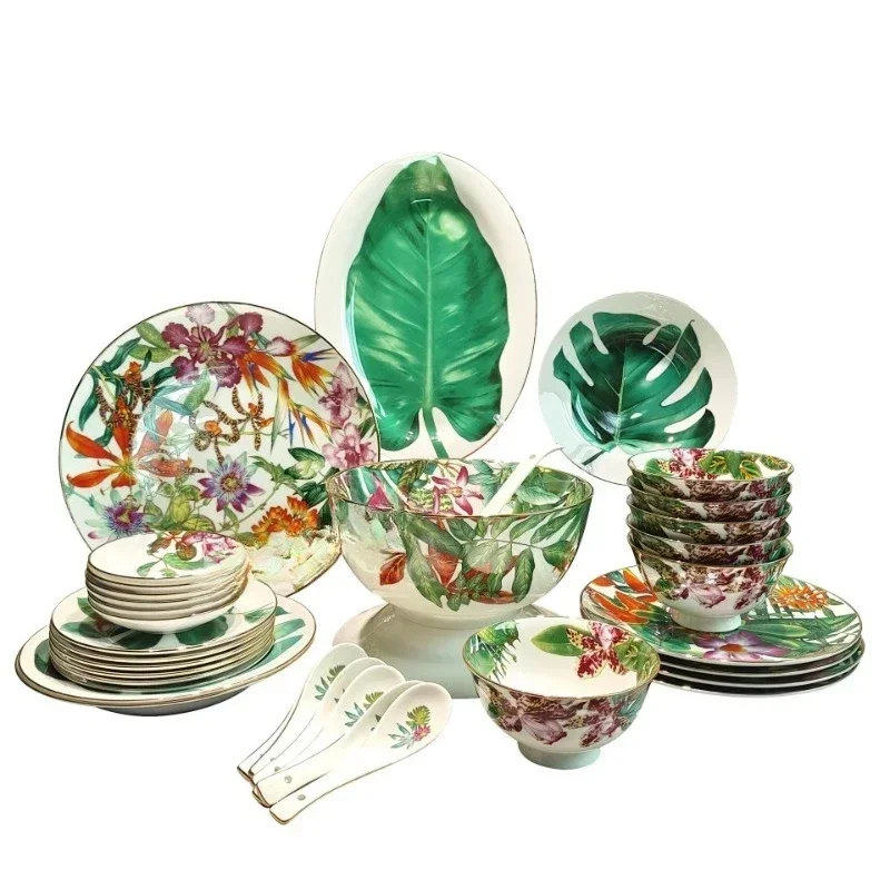 Illustration bone china 36 pieces tropical rainforest tableware dish set