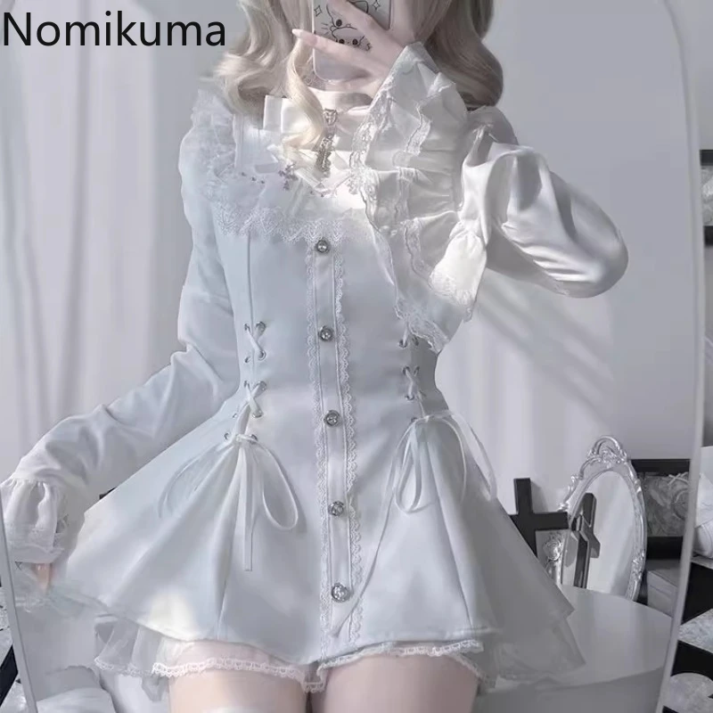 

Dress Outfits Women 2 Piece Sets Flare Sleeve Bow Bandage Tunic Dress High Waist Shorts Suit Roupas Femme Japanese Sweet Set