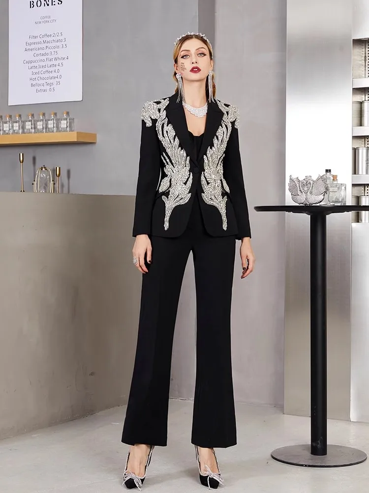 Luxus Frauen glänzende Diamanten Perlen Anzug Set Slim Fit Bankett zweiteilig Set elegante Büro Damen Blazer Jacke Hosen Anzüge Sets