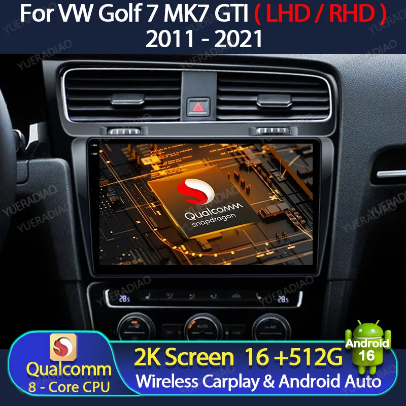 Android 16 Car Radio For Volkswagen VW Golf 7 MK7 GTI 2011 - 2021 Qualcomm Multimedia Video Player GPS NAVI Head Unit 4G WIFI BT