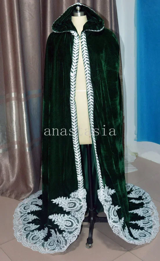 Dark green Velvet wedding coat with a hood lace appliques Bridal Cape Bolero Wrap wedding accessories Halloween Medieval