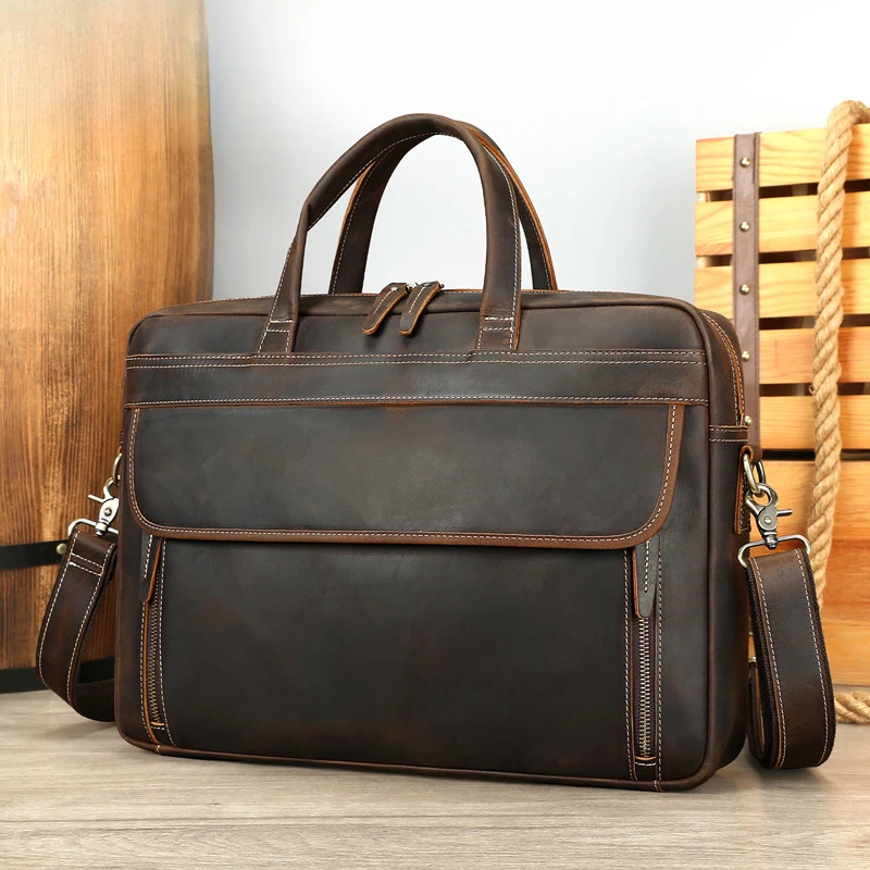 Retro Men's Crazy Horse Leather High-Class Official Briefcase, Retro 15-inch Laptop Bag, Portable Cowhide Handbag