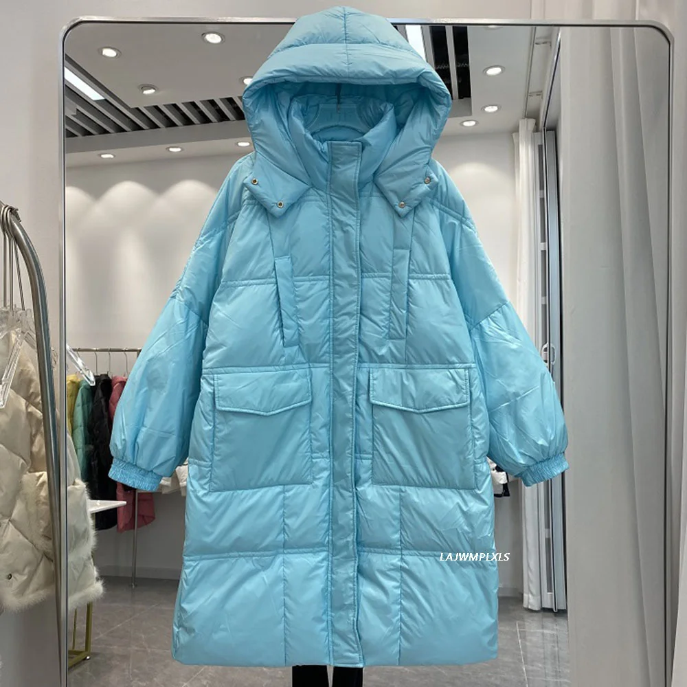 Moda para baixo parkas nova jaqueta feminina solta com capuz longo casaco de inverno quente d roupas outerwear