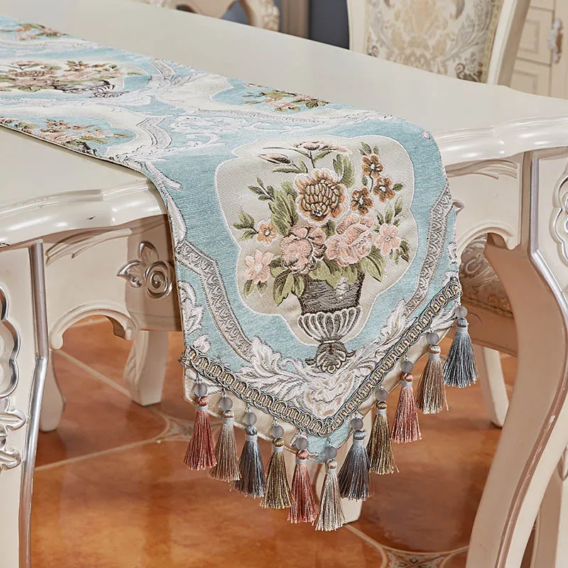 

European Luxury Table Runner Jacquard Damask Floral Embroidered Vintage Table Runners Tassels Placemats Home Coffee Table Decor