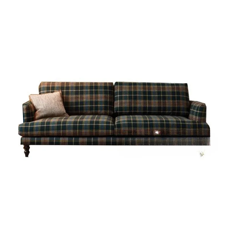 Pastoral American plaid fabric sofa, solid wood small apartment three-person sofa home light luxury retro designer
