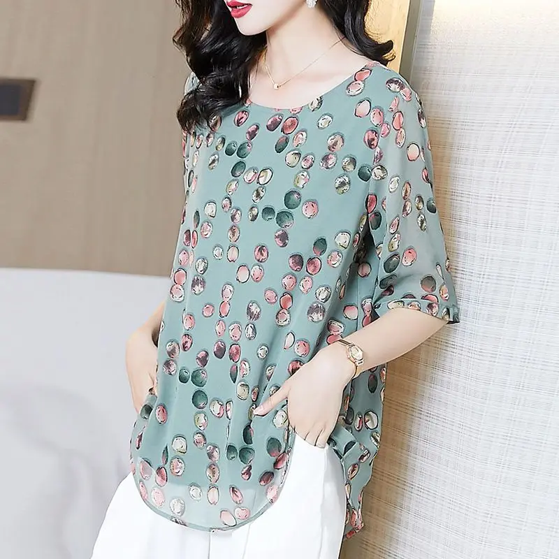 Office Lady Polka Dot Printed Chiffon Blouse Summer Stylish Elegant Round Neck Loose Female Korean Spliced Half Sleeve Shirt New