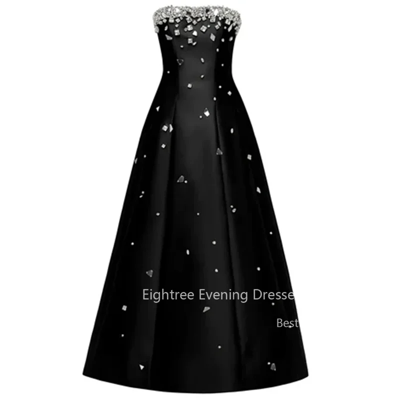 Eightree Shiny Beading Black Evening Dresses Strapless Rhinestone A Line Prom Gowns Ankle Length Crystal Celebrity Party Robe