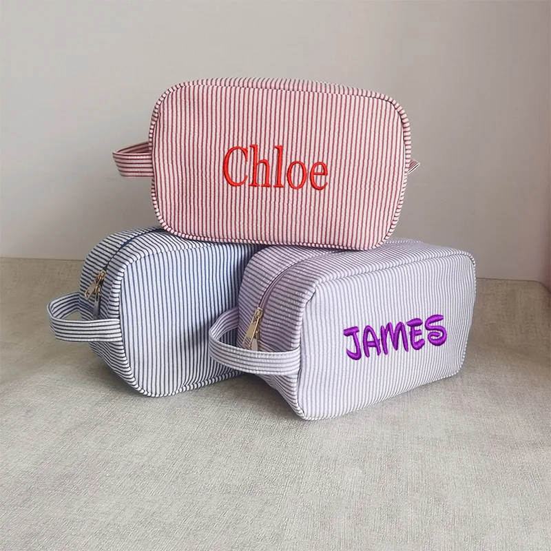 Bolsa de maquillaje de burbujas a rayas con nombre personalizado, bolsa de almacenamiento de viaje, bolsa de lavado de cosméticos, bolsa de almacenamiento de mano