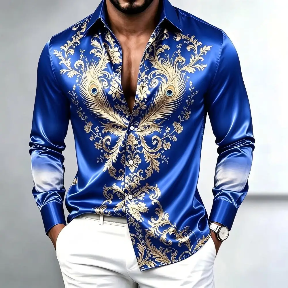 Men's Long Sleeve Turned-Down Lapel Satin Shirt - Lightweight Luxury Peacock Feather Print Dress Shirt for Banquet Parties, Slim