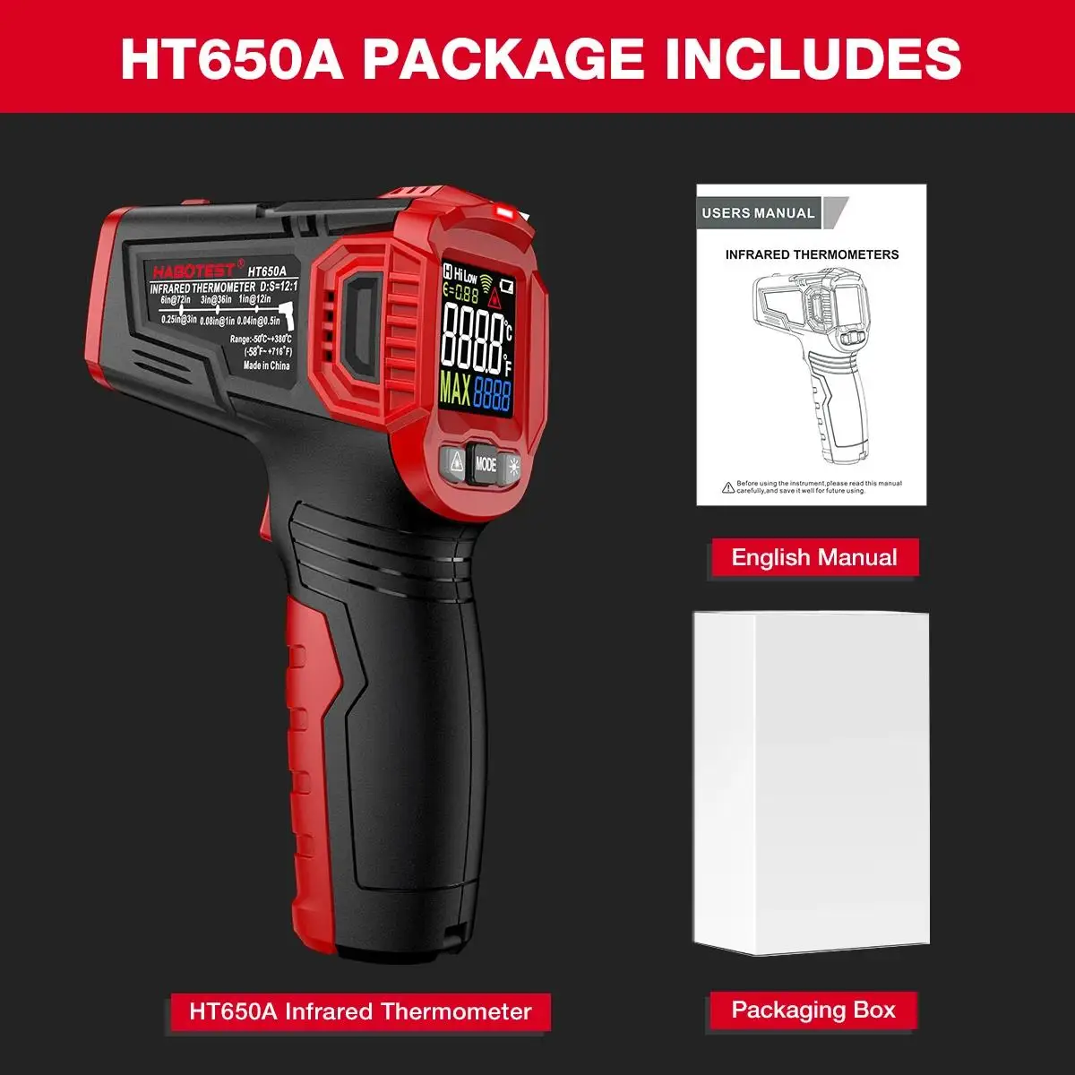 HABOTEST HT650A, HT650B, HT650C Serie Digitale Infrarot-Lasertemperatur Berührungslose industrielle Lasertemperaturmessgerät Temperatu – Detail 18