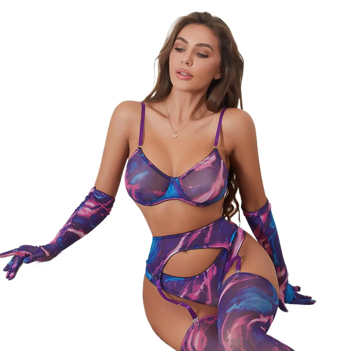 

Комплект нижнего белья из 5 предметов, женское ночное белье с принтом тай-дай, нижнее белье на Хэллоуин, бюстгальтеры, трусики, перчатки, чулки, эротический комплект нижнего белья