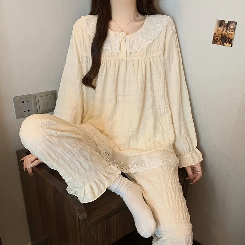 2026 Spring Long Sleeve Cotton Pajama Sets for Women Korean Cute Lace Sleepwear Pyjama Pijama Mujer Homewear Ladies Home Clothes 4