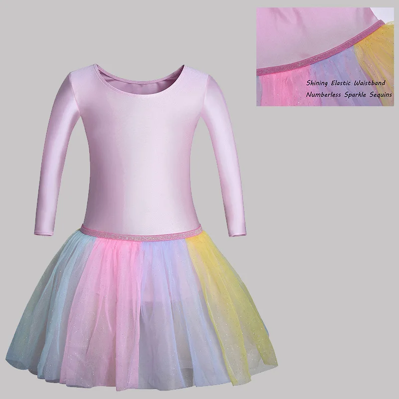 الفتيات طويلة الأكمام الباليه ملابس رقص الجمباز للفتيات الجمباز الرقص مع حزام مطاط و فستان الترتر البريق عديم الأرقام