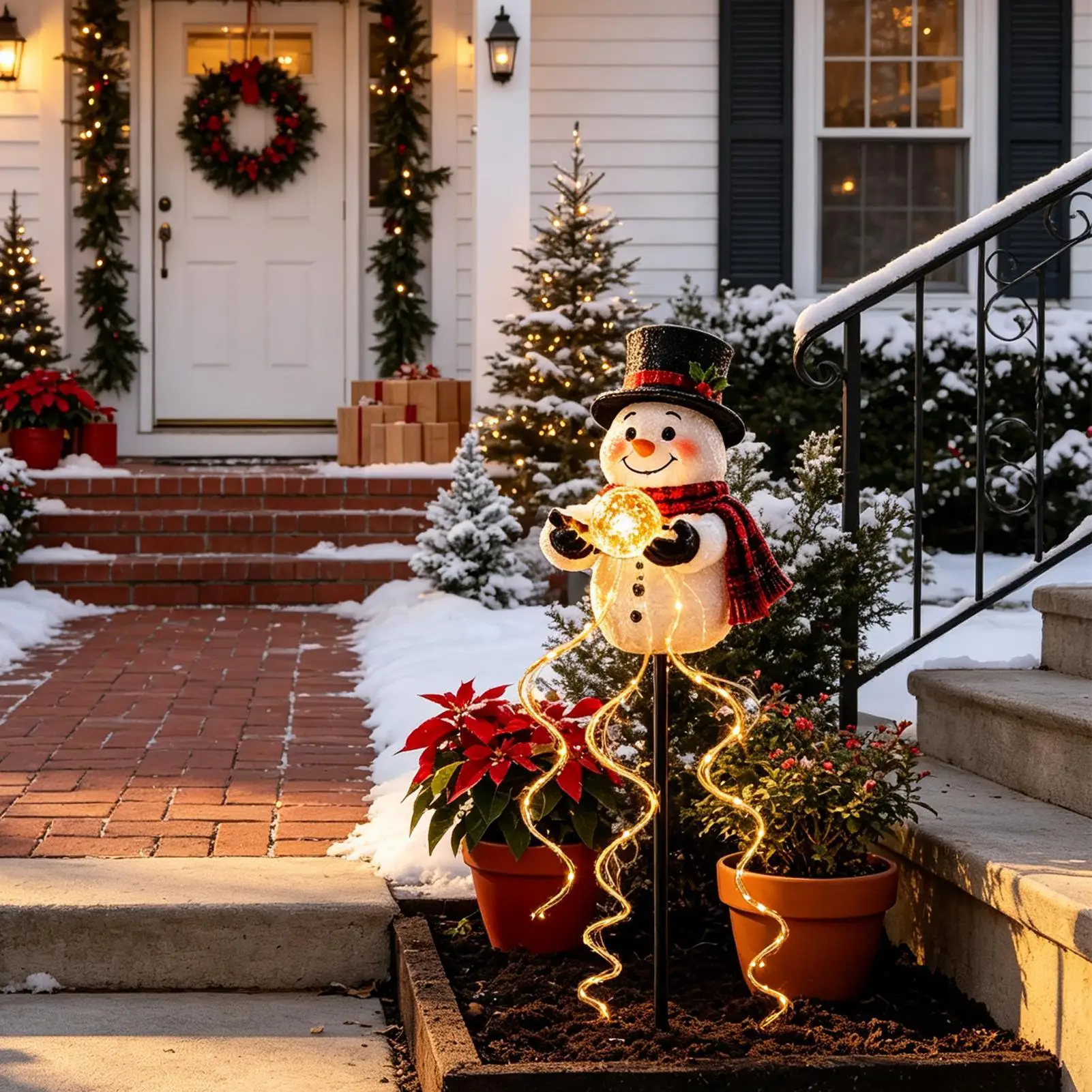 Solar Outdoor Stake Lights Christmas Snowman Shape LED Fountain Lighting Solar Pathway Lights With Flowing Snowflake For Yard