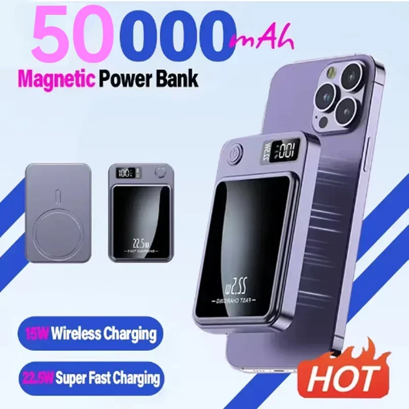 

New 50000mAh Wireless Magnetic Power Bank Fast Charging Portable External Battery Charger Cases for iphone Series Samsung Xiaomi
