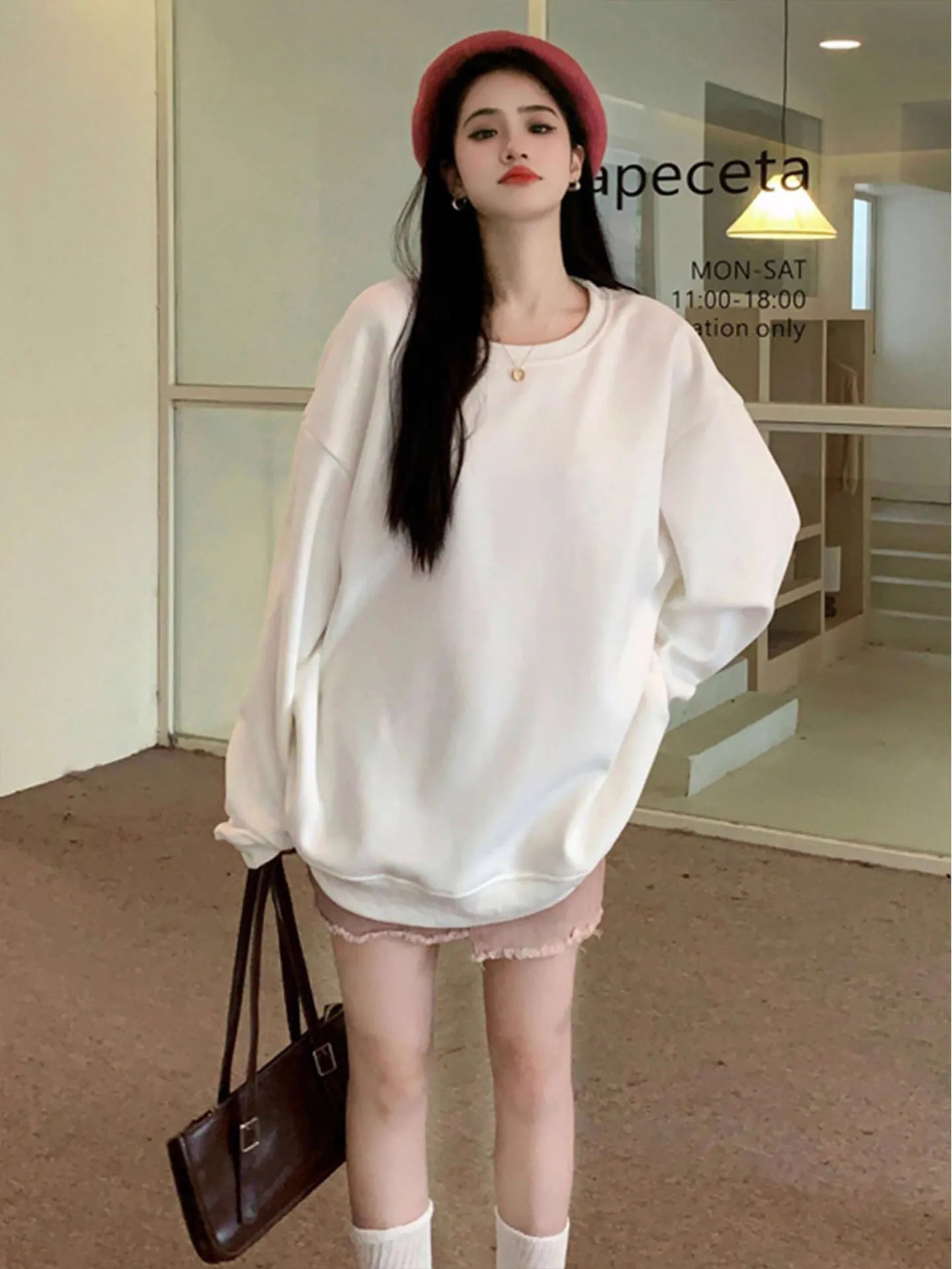 

Trendy Oversized Hoodie Women's Pure White Thin Fce Lined Mid-Length Sweatirt Korean Sle Long Sve round Ne Pullover