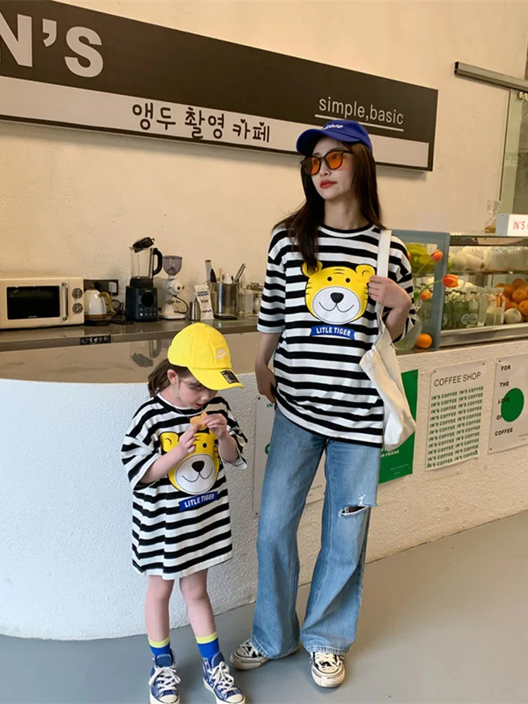 

Parent-child Wear Mother and Daughter New Trendy Summer Dress Girls Korean Version Long T-shirt Slim Casual Dress striped