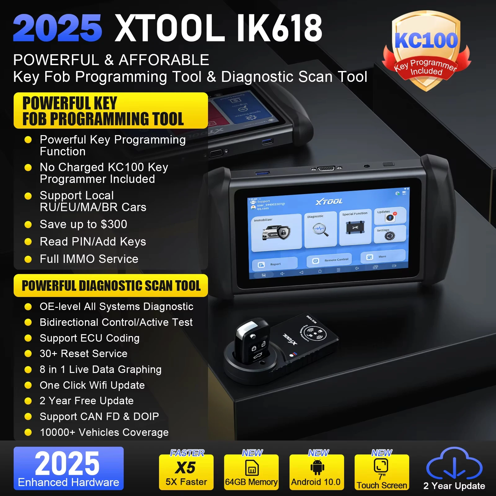 XTOOL InPlus IK618 Auto IMMO Programming with KC100 X100PAD3 Car OBD2 Diagnostic Bi Directional Scan Tool ECU Coding CANFD