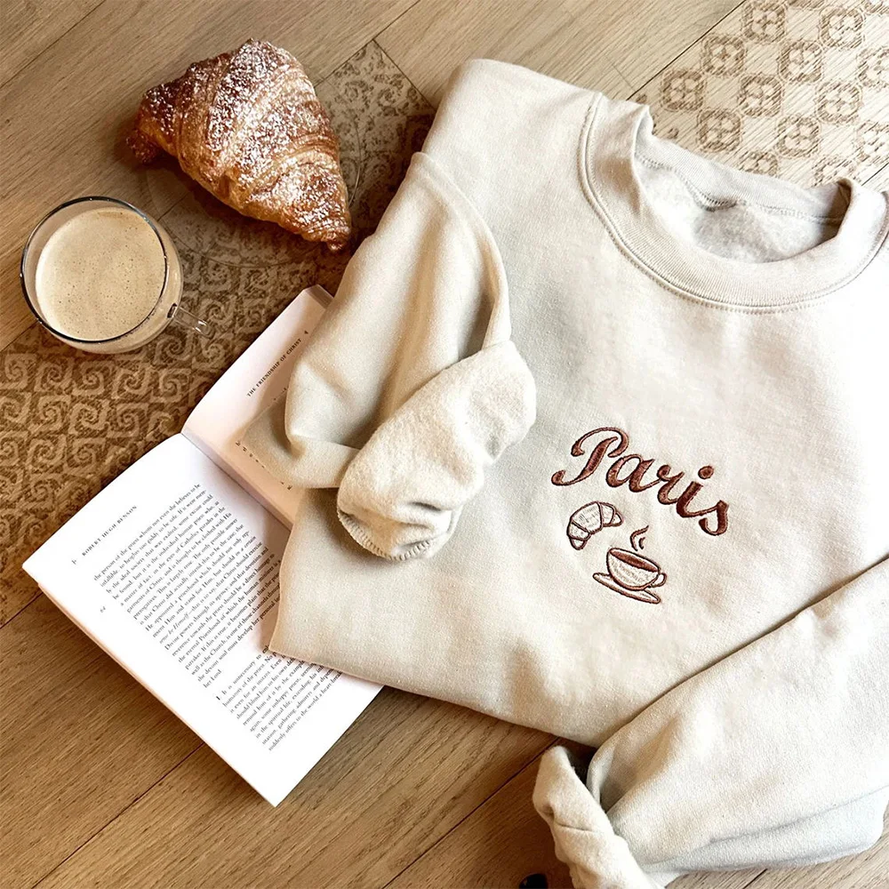 Embroidered Paris France Sweatshirts Women Khaki Vintage Loose Thick Fleece Warm Pullover Long Sleeve Crewneck Casual Jumpers